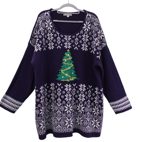 Woman Within Sweater Sz 2X 26/28 Navy Fair Isle Christmas Tree Knit Pullover - Picture 1 of 12